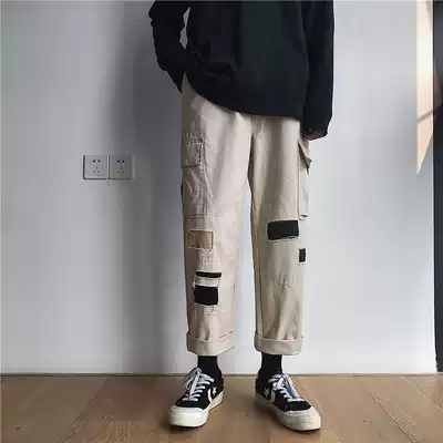 Autumn new loose ins tide brand straight overalls men's Korean version of youth students casual trend all-match