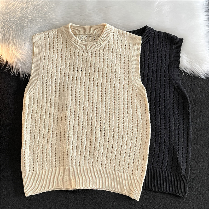Solid Color Round Neck Hollow-Out Knit Vest for Men and Women, Korean Style Loose Sleeveless Trendy Sweater Vest Jacket, Trendy Bf Style