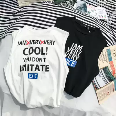 2021 summer new Korean hip hop sleeveless sports vest loose men's trend Hong Kong style letter waistband shoulder T-shirt