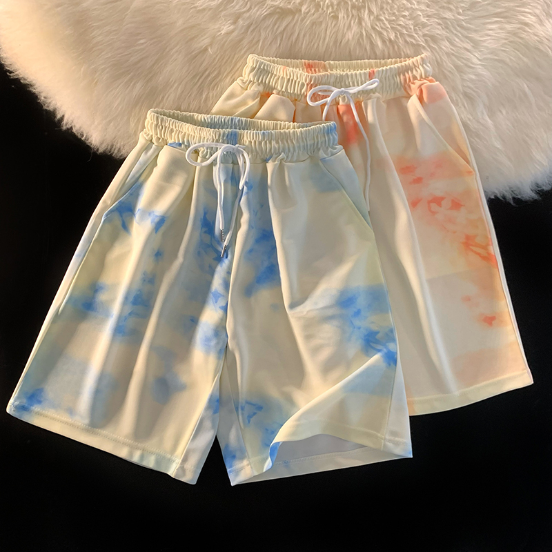 Summer ins Trendy Tie-Dye Five-Point Sports Shorts for Men, Thin Outerwear, Bf Straight-Leg Drawstring Wide-Leg Harem Sweatpants