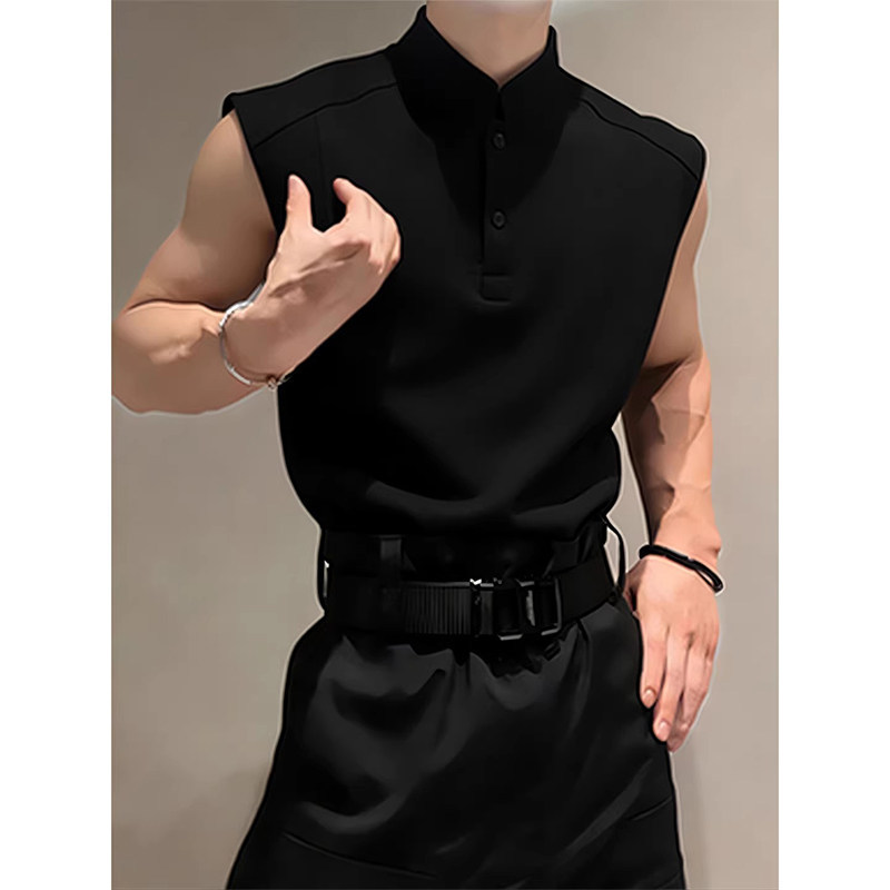 Henry Collar Black Tank Top for Men, Summer Cleanfit Trendy Cool Sleeveless T-Shirt for Fitness and Sports