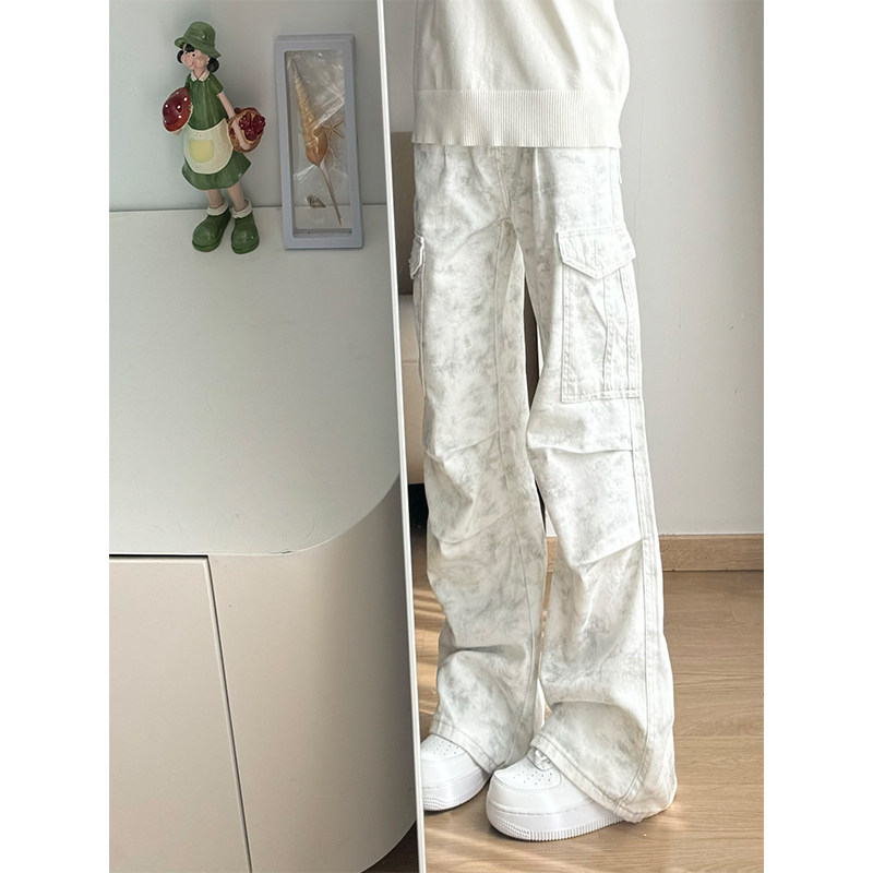 White Tie-Dye Paratrooper Cargo Pants for Men, American Hip-Hop Style, Pleated, Loose, Dirty White, Slightly Flared Straight-Leg Pants