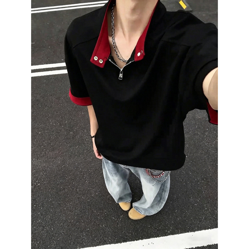 Heavyweight Color-Blocked Polo Shirt, Short-Sleeved Men's Style, High-End Half-Zip, Regular Shoulder T-Shirt with Deconstructed Design