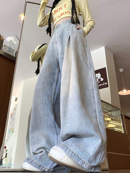 水洗做旧垂感拖地阔腿裤子男女显瘦设计扎染哈伦牛仔长裤2024新款