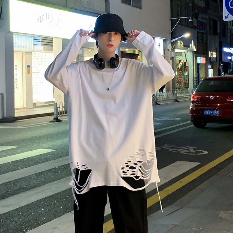 Long-Sleeve T-Shirt, Distressed Men's Trendy Brand ins High Street Sweatshirt, Spring Couple's Matching Top