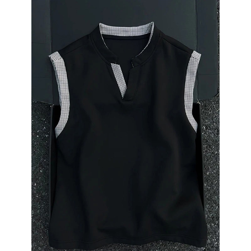 Heavyweight Houndstooth Patchwork V-Neck Vest for Men and Women, Summer Niche Design Sleeveless Sports Tank Top