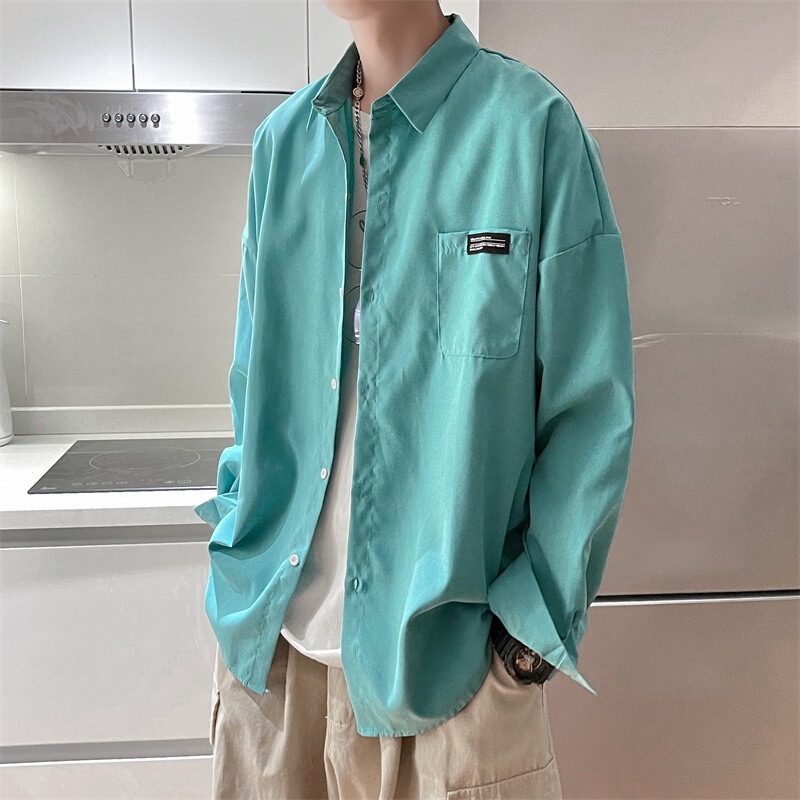 Spring Solid Color Drape Pocket Long-Sleeve Shirt for Men, Loose Korean Style Trendy Couple Harajuku Style Shirt Jacket Spring Solid Color Drape Pocket Long-Sleeve Shirt for Men, Loose Korean Style Trendy Couple Harajuku Style Shirt Jacket