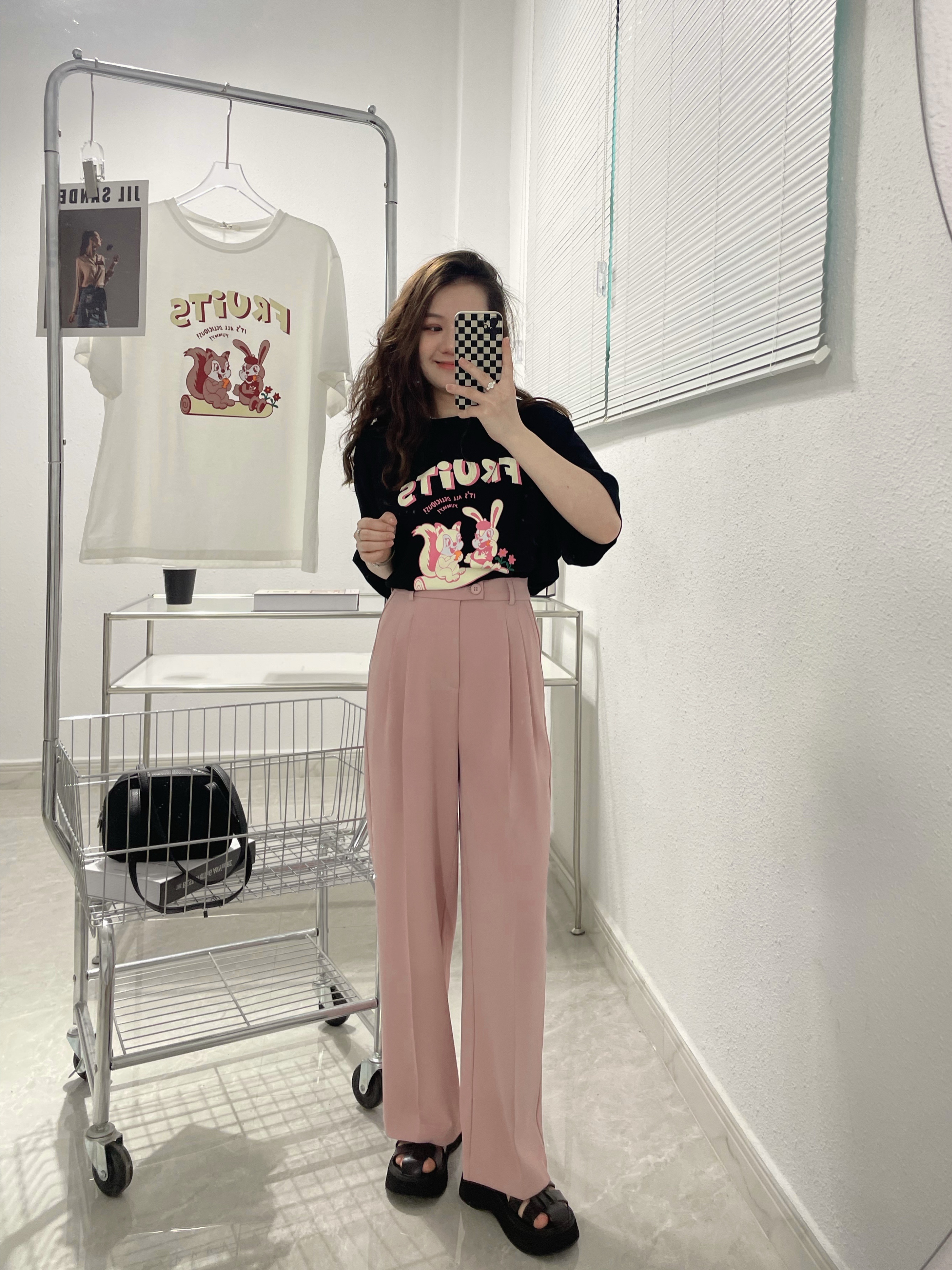 145 short taller high waist cherry blossom water honey peach pink suit straight drum wide pants tug pants 8 points 9 Korean
