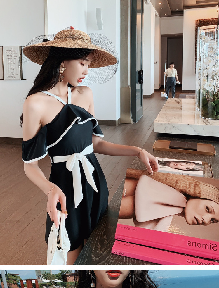 Áo tắm nữ 2018 mới đính liền che bụng đi nghỉ mát bên vai gợi cảm mùa xuân nóng bỏng thời trang đồ bơi xù - Bộ đồ bơi One Piece bikini liền thân màu đen