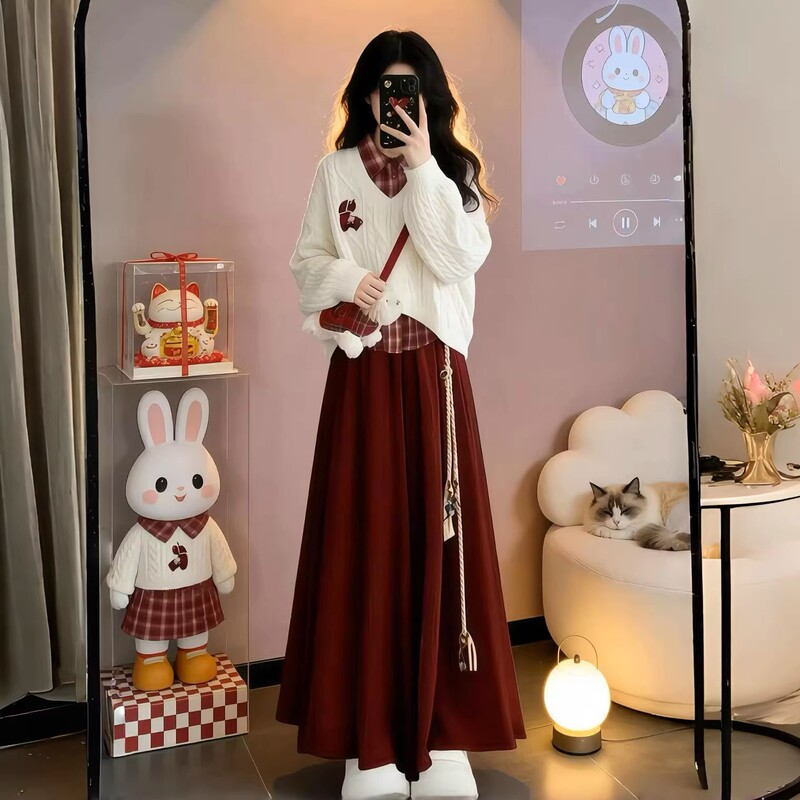 Winter New Year Outfit Set for Women, Red Plaid Shirt, Soft Sweater, Elastic Waist Skirt Winter New Year Outfit Set for Women, Red Plaid Shirt, Soft Sweater, Elastic Waist Skirt