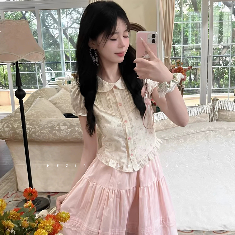 Beautiful Early Summer Outfit for Women, Cute Sweet Girl Doll Collar Short-Sleeved Floral Shirt, Super Fairy Pink Skirt Two-Piece Set Beautiful Early Summer Outfit for Women, Cute Sweet Girl Doll Collar Short-Sleeved Floral Shirt, Super Fairy Pink Skirt Two-Piece Set