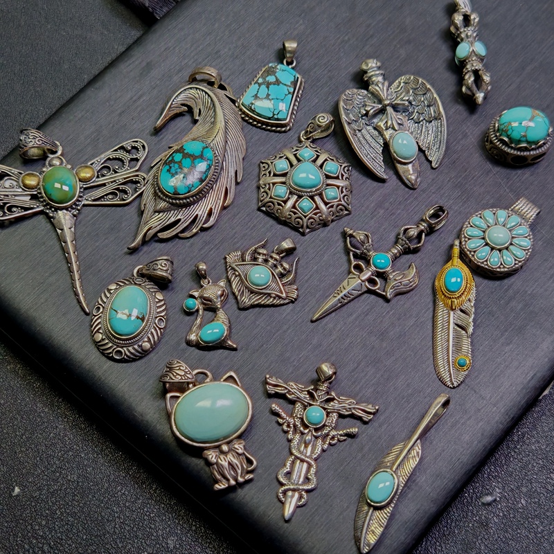 S925 Sterling Silver Inlaid with Natural Turquoise Pendant, Retro and Stylish, Super Cool, Gift for Boyfriend, Unisex 84 S925 Sterling Silver Inlaid with Natural Turquoise Pendant, Retro and Stylish, Super Cool, Gift for Boyfriend, Unisex 84
