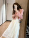 Suit women's 2026 new spring Korean style very beautiful pink short hollow sweater skirt two-piece set