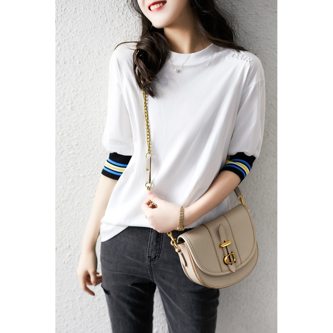 い Always ready to wear three-dimensional letters fashionable five-point sleeve top black and white stitching t-shirt women MGTX25213