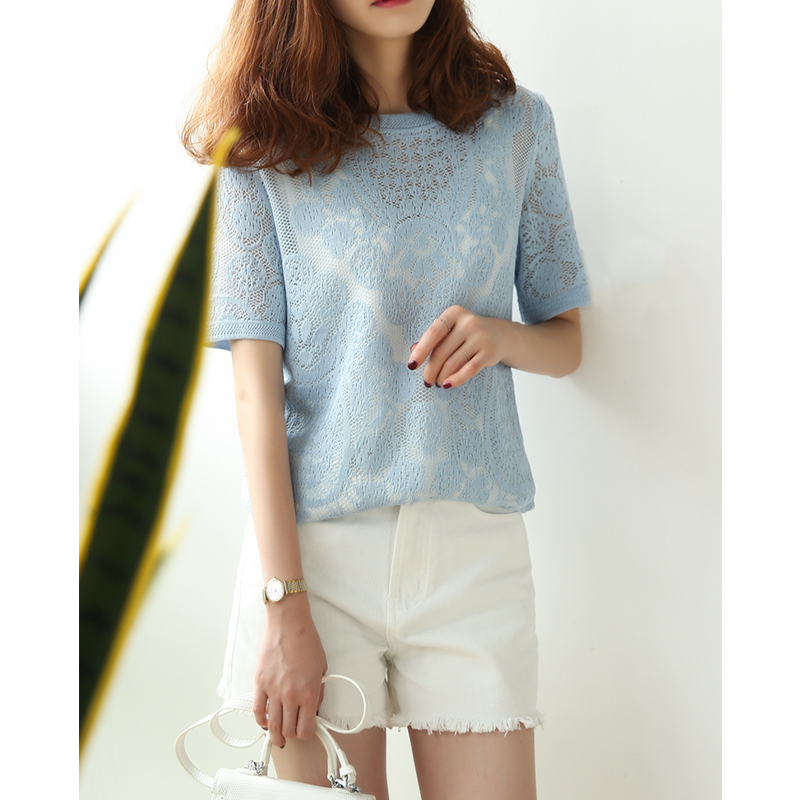 (broken-code second kill no-no-no-change) Hidden Beauty Temperament Hollowed-out Blouse Round Collar Short Woolen Sweatshirt