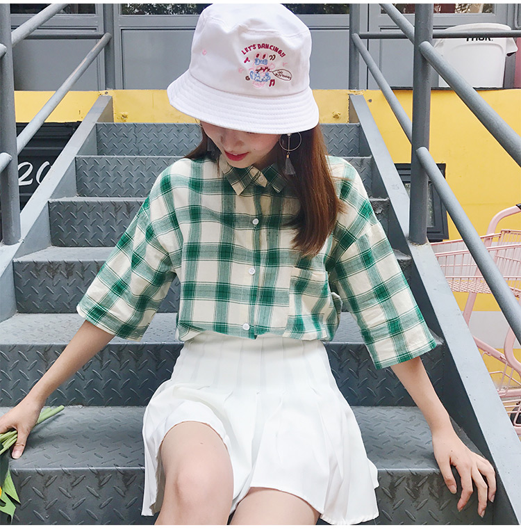 VK旗艦店 韓國學院風格子格紋短袖襯衫短袖上衣