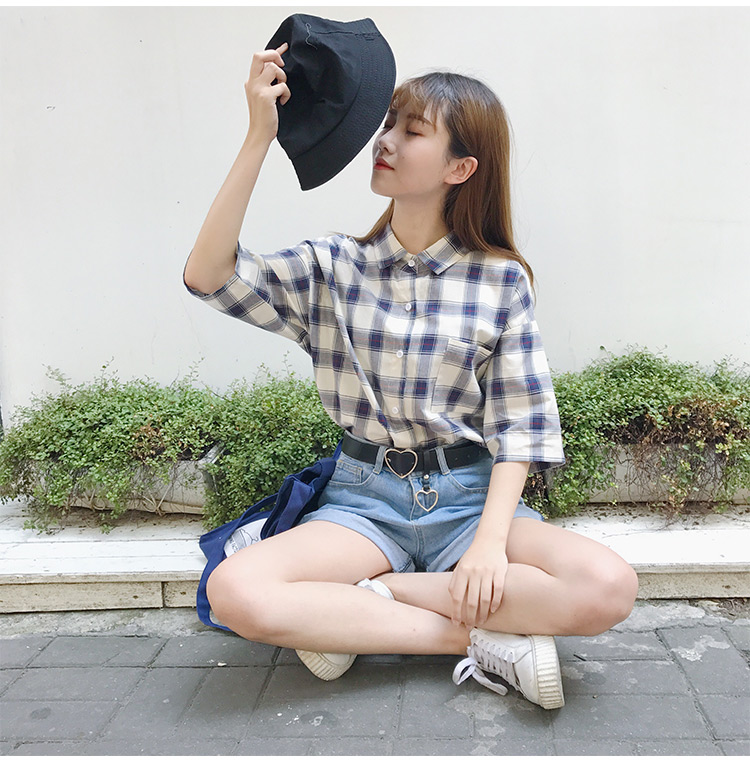 VK旗艦店 韓國學院風格子格紋短袖襯衫短袖上衣