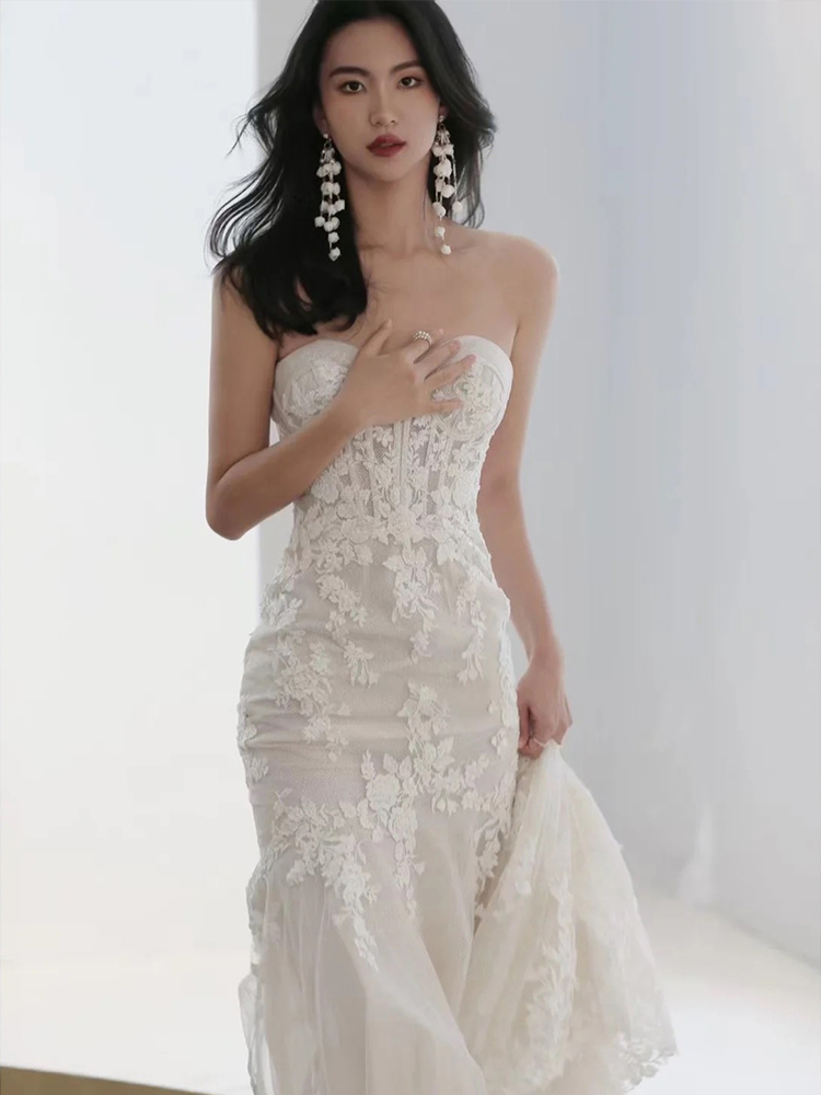 Lace wedding dress, summer tube top for bride, garden lights,  Lace wedding dress, summer tube top for bride, garden lights,