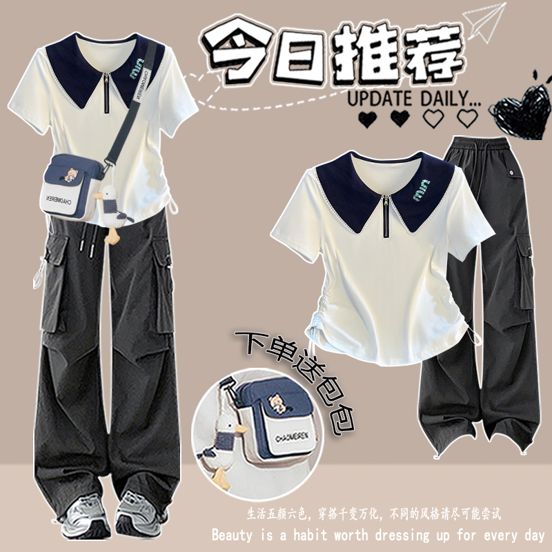 Girls' Korean-Style Turn-Down Collar Drawstring Short-Sleeve T-Shirt 2026 Summer New Fashion Set for Middle and High School Students