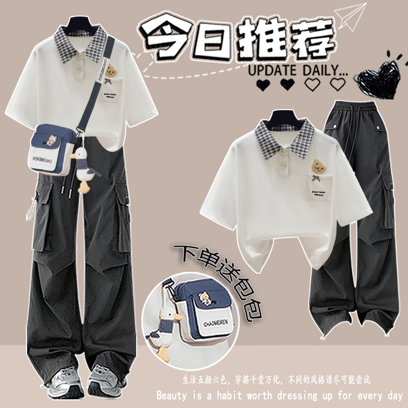 Girls' Summer Clothing 2026 New Style College Style Polo Collar Short-Sleeved T-Shirt Overalls Set for Middle and High School Students