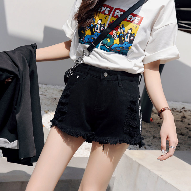 Black denim shorts women's summer 2020 new high waist webbing raw edge thin loose casual wild wide leg pants