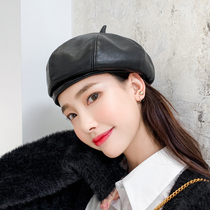 Net red with the same pu leather hat Pumpkin Hat Womens Day Ensemble Spring Autumn Winter Korean Version Fashion Painter Hat Inglé Tide Berets