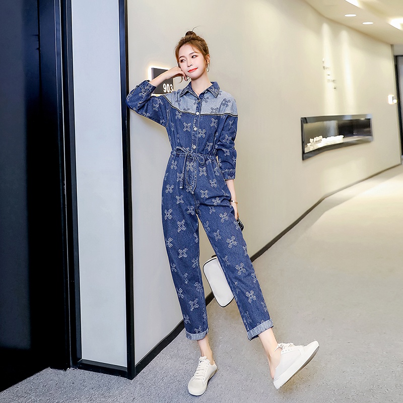 Denim Connected Pants Woman 2022 Early Spring Festival New Splicing Even Pants Casual Suit Foreign Pie and High Waist Tooling