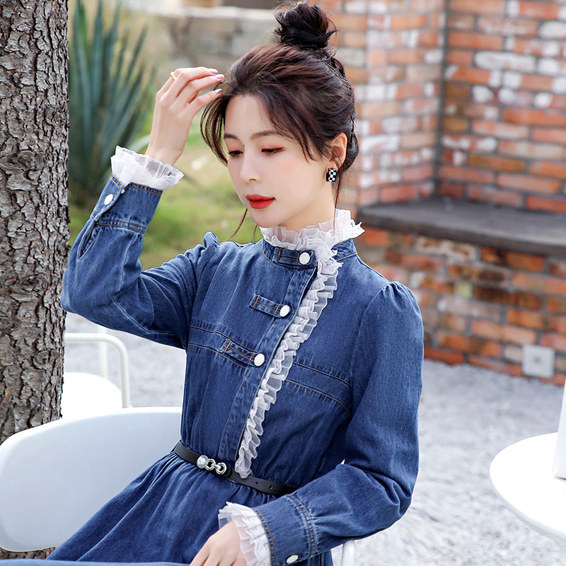 Jean Ocean dress with long version of women 2022 Spring autumn season new Han version retro Chinese wind high waist and body long dress