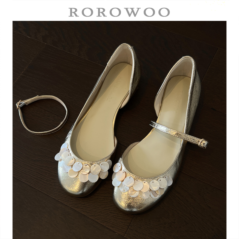 Rao Rao Wu First-Layer Cowhide Shell Pearl Buckle Round-Toe Mary Jane Shoes Summer New Sandals for Women N74