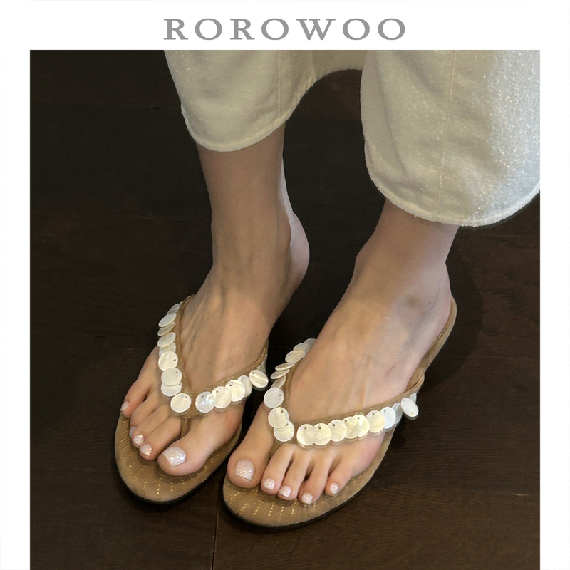 Rao Rao Wu First-Layer Sheepskin Fashion Shell Sequin Embroidered Sole Outer Wear Thong Sandals for Women Summer New Model N88