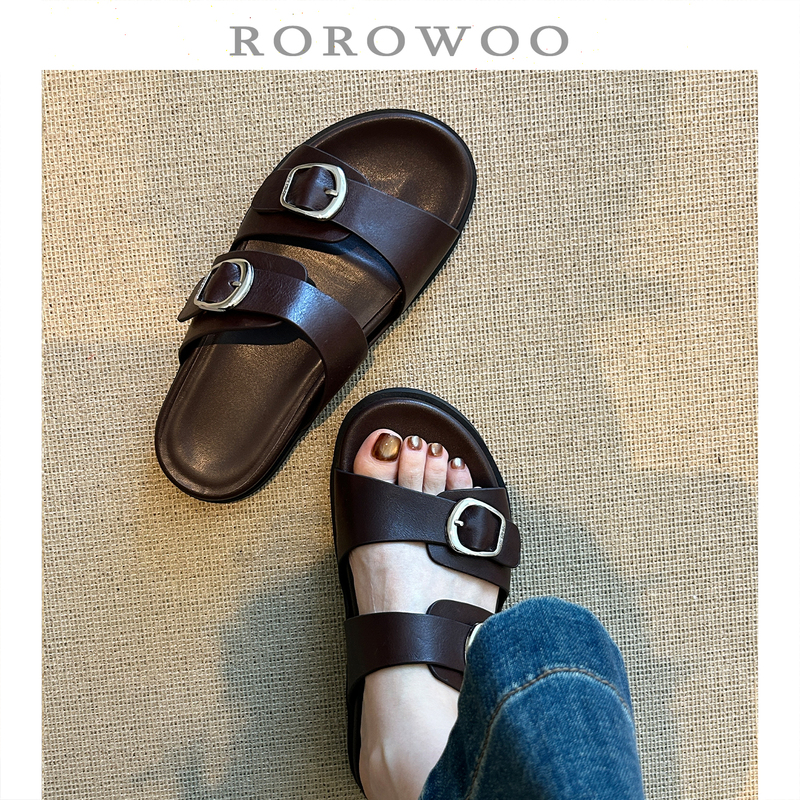 Rao Rao Wu First-Layer Cowhide Thick-Soled Belt Buckle Slip-On Sandals for Women, Comfortable and Versatile for Commuting, Model Z50 Rao Rao Wu First-Layer Cowhide Thick-Soled Belt Buckle Slip-On Sandals for Women, Comfortable and Versatile for Commuting, Model Z50