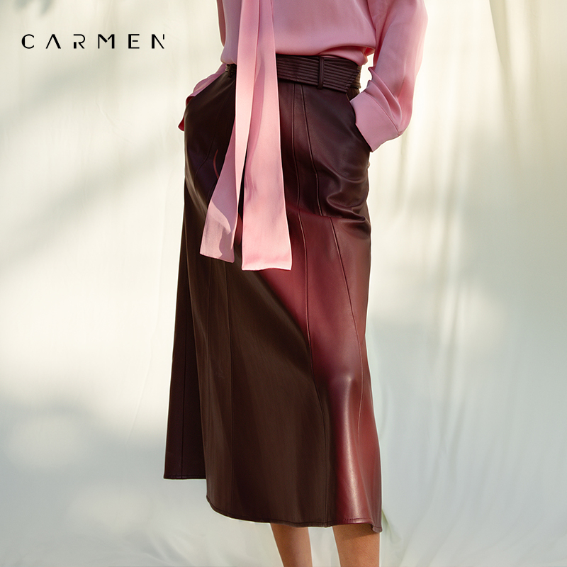 [Same Style as in Shopping Malls] Kaman High-End Red A-Line Pu Skirt for Women, Mid-Length, New Large Size Leather Skirt for Autumn 26