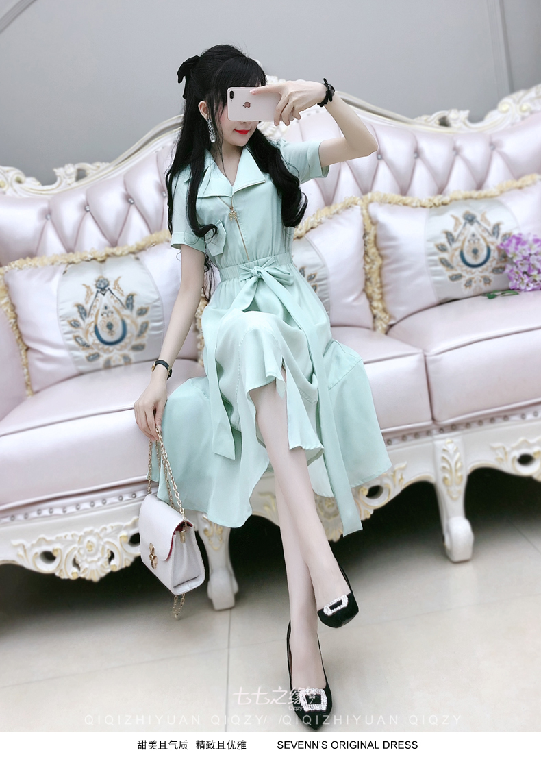 Seven Sevens Edge 2019 Summer New Women Phiên bản Hàn Quốc Màu xanh lá cây Mặt trước ngắn Dây kéo dài Đầm voan - Sản phẩm HOT đầm dự tiệc sang trọng trẻ trung