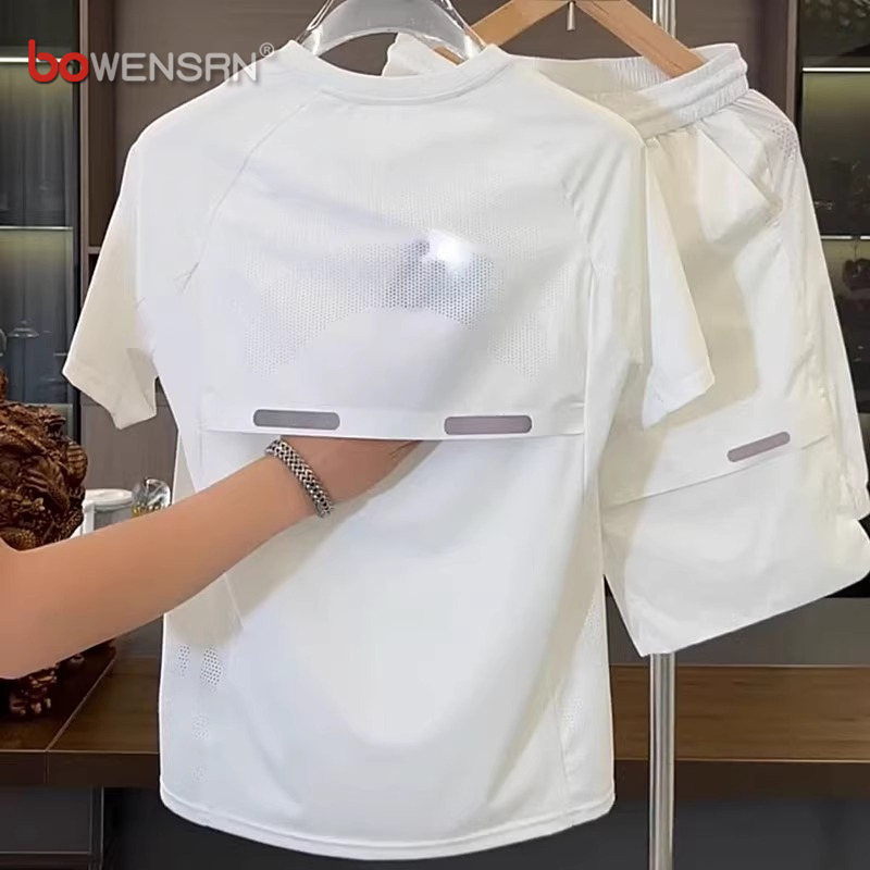 Ice Silk Casual Sports Suit Men's Short-Sleeved T-Shirt 2026 New Summer Elastic Shorts Two-Piece Summer Suit for Men Ice Silk Casual Sports Suit Men's Short-Sleeved T-Shirt 2026 New Summer Elastic Shorts Two-Piece Summer Suit for Men