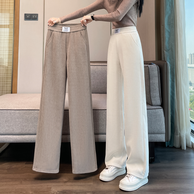 Chenille Wide-Leg Pants for Women, Spring and Autumn Corduroy, Fleece-Lined, Thickened, Casual, Autumn and Winter Warm Straight-Leg Lamb Wool Women's Pants