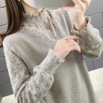 Dress medium and long 2021 autumn and winter new lace stitching sleeve semi-turtleneck sweater Western style knitted base shirt for women