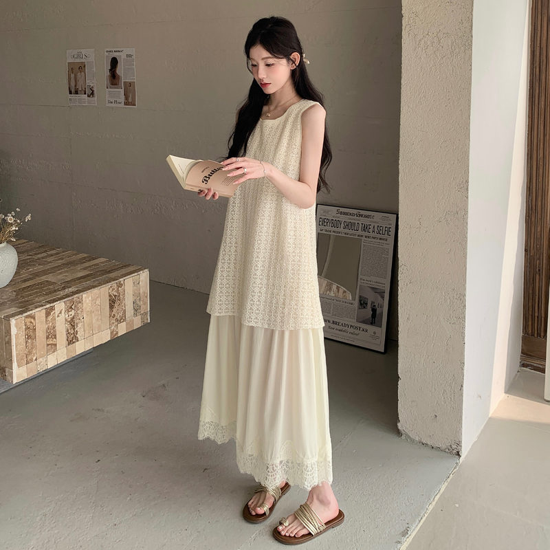 Lace Splicing Fake Two-Piece White Chiffon Sleeveless Dress for Women, Unique and Beautiful Summer Style, Cool and Elegant Tank Top Long Dress