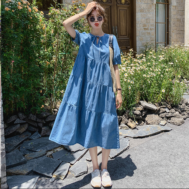 Loose Casual Lazy Tencel Denim Dress for Women, Summer Thin Style 2026 Niche Cake Dress, Japanese Doll Long Dress