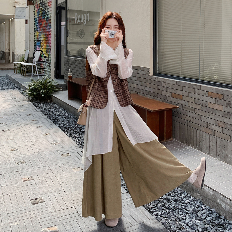 Plaid Vest, Shirt, Wide-Leg Pants Three-Piece Set for Women, Spring and Summer Loose Casual Relaxed Japanese Style Artistic Mori Girl Outfit