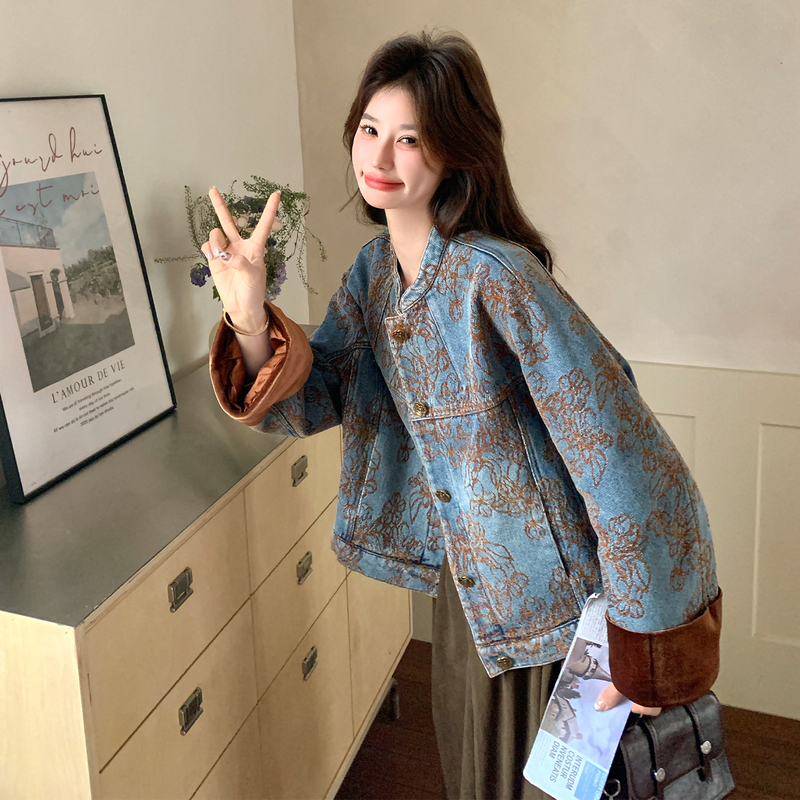 New Chinese-Style National Print Stand-Up Collar Denim Short Jacket for Women, Unique, Beautiful, High-End, Niche, Age-Reducing Jacket Top