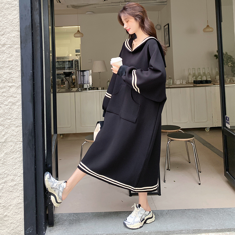 Navy Collar Black Sweatshirt Dress for Women, Spring and Autumn 2026 New Style, High-End, Loose, Casual, Mid-Length Dress