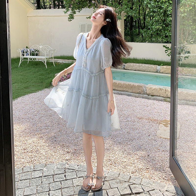 First Love Pure and Beautiful Blue V-Neck Sheer Dress for Girls, Super Popular, High-End, Niche, Loose Babydoll Dress First Love Pure and Beautiful Blue V-Neck Sheer Dress for Girls, Super Popular, High-End, Niche, Loose Babydoll Dress