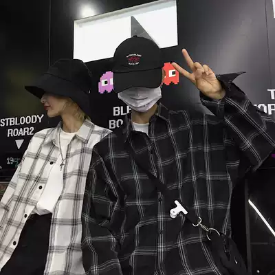 INSstudios Korean ins trend vintage black and white large check plaid couple long sleeve shirt men and women tide