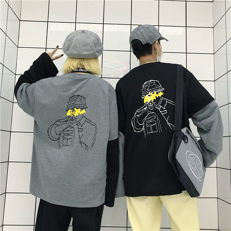 Hàn Quốc studio18 Hàn Quốc trở lại chân dung in đen và xám giả áo len hai mảnh dài tay nam nữ T hoodie trắng