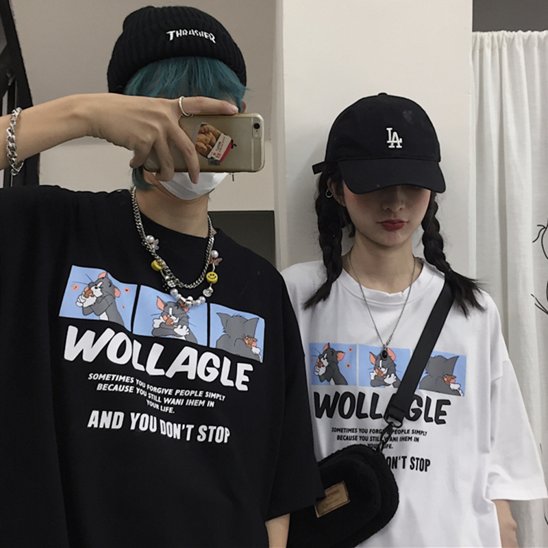 INSstudios Korea Ins Trend Retro Childlike Cartoon Printed Couple Loose Round Collar Short Sleeve T-shirt Tide