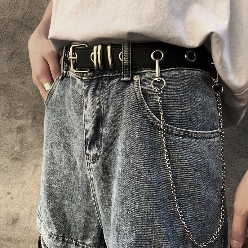 INSstudios 21ss Tide Ins Dark Black Ensemble Hip-hop Personality Cirque Perforated Belt chain belt men and women