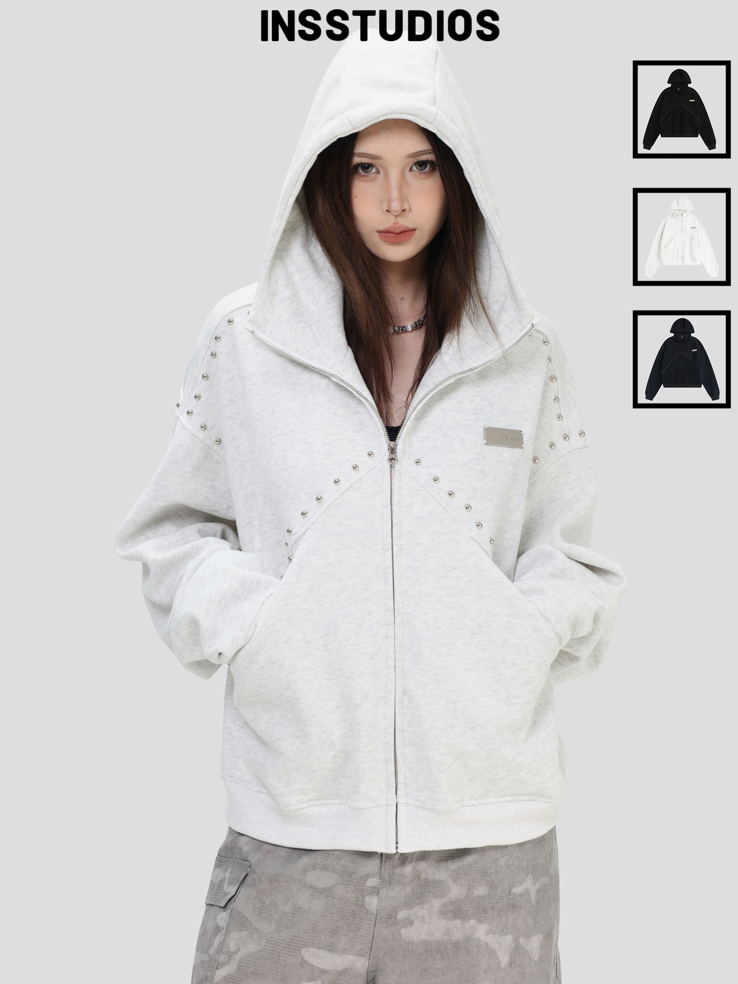 INSstudios 国潮情侣美式「拼接铆钉拉链卫衣」宽松连帽开衫外套