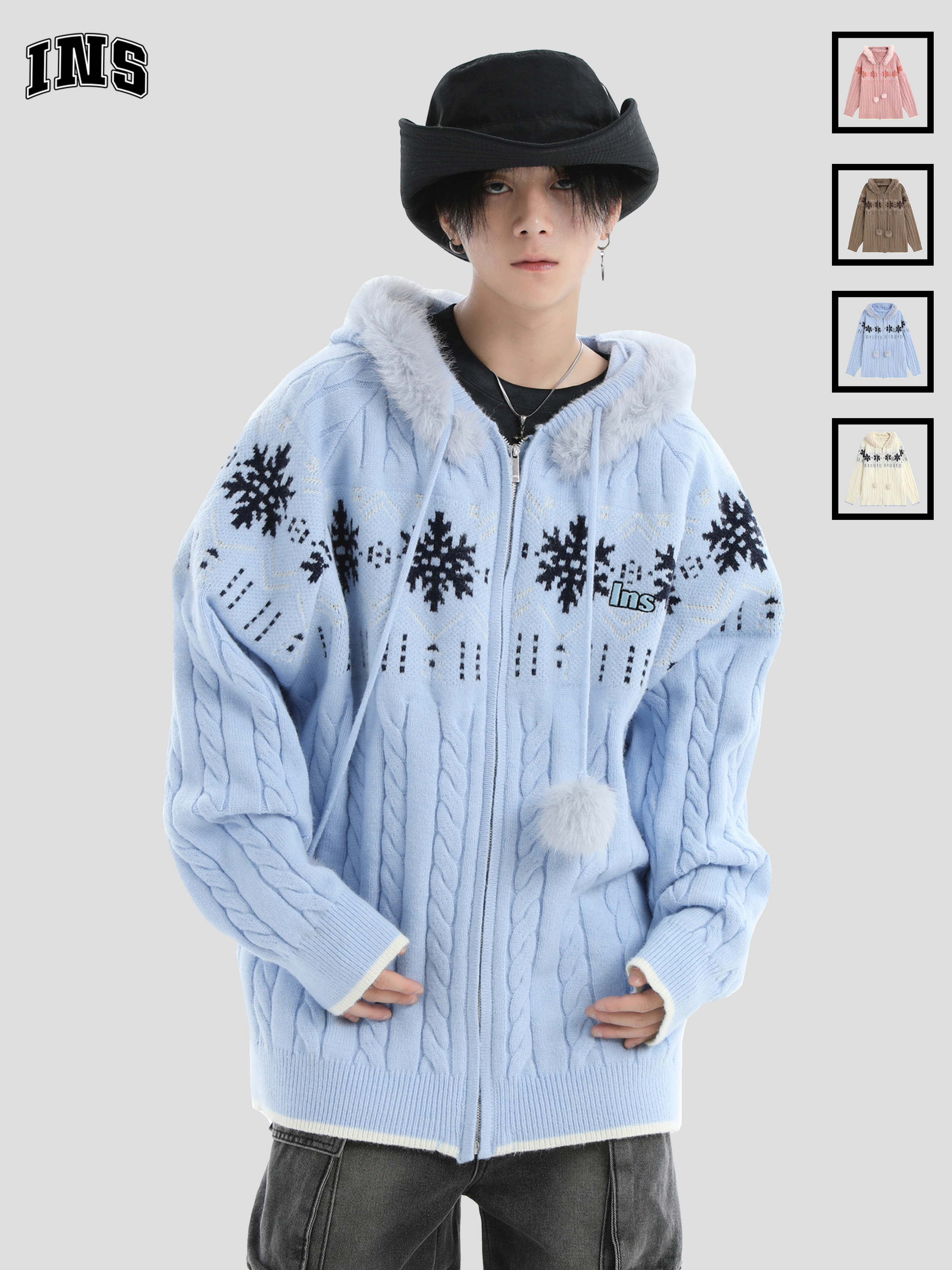 INSstudios National Tide/ брендовая пара с американским меховым воротником, свитер Fair Isle, свободный вязаный кардиган с капюшоном