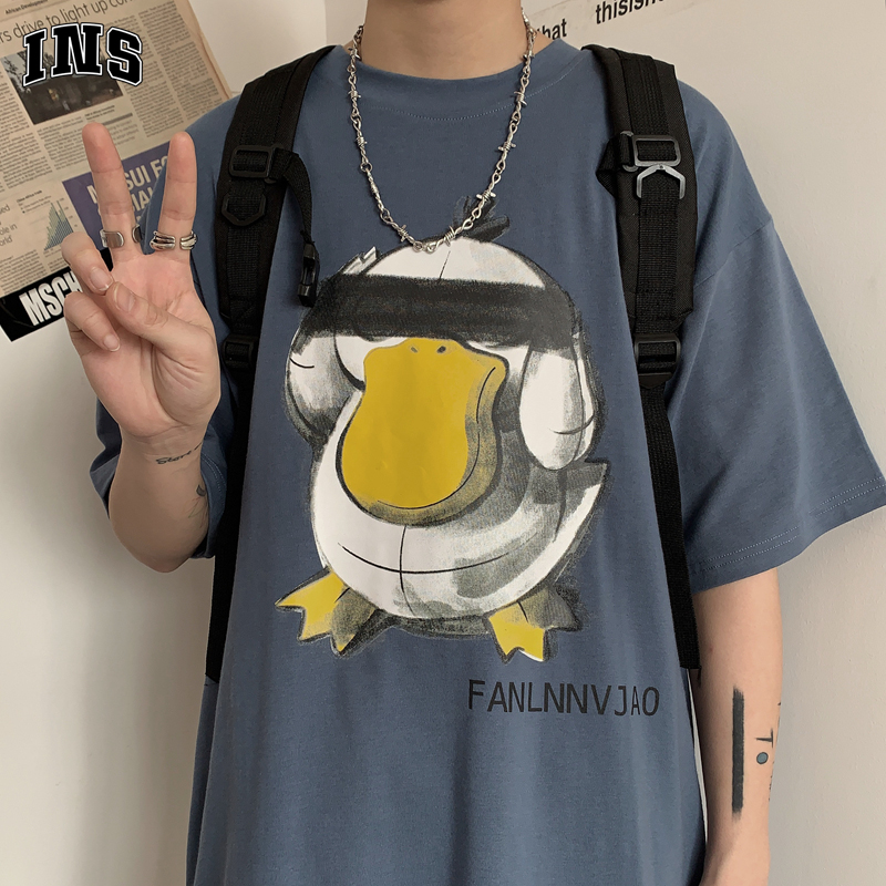 INSstudios Summer Trends Ins Korean version retro handpainted cartoon Ducks Loose short sleeves T-shirts Men and women