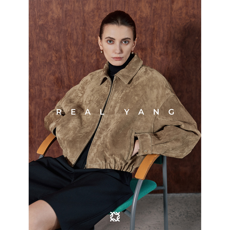 Real Yang High-End Row Style Short Suede Genuine Leather Flight Jacket for Petite Women, Lambskin Jacket